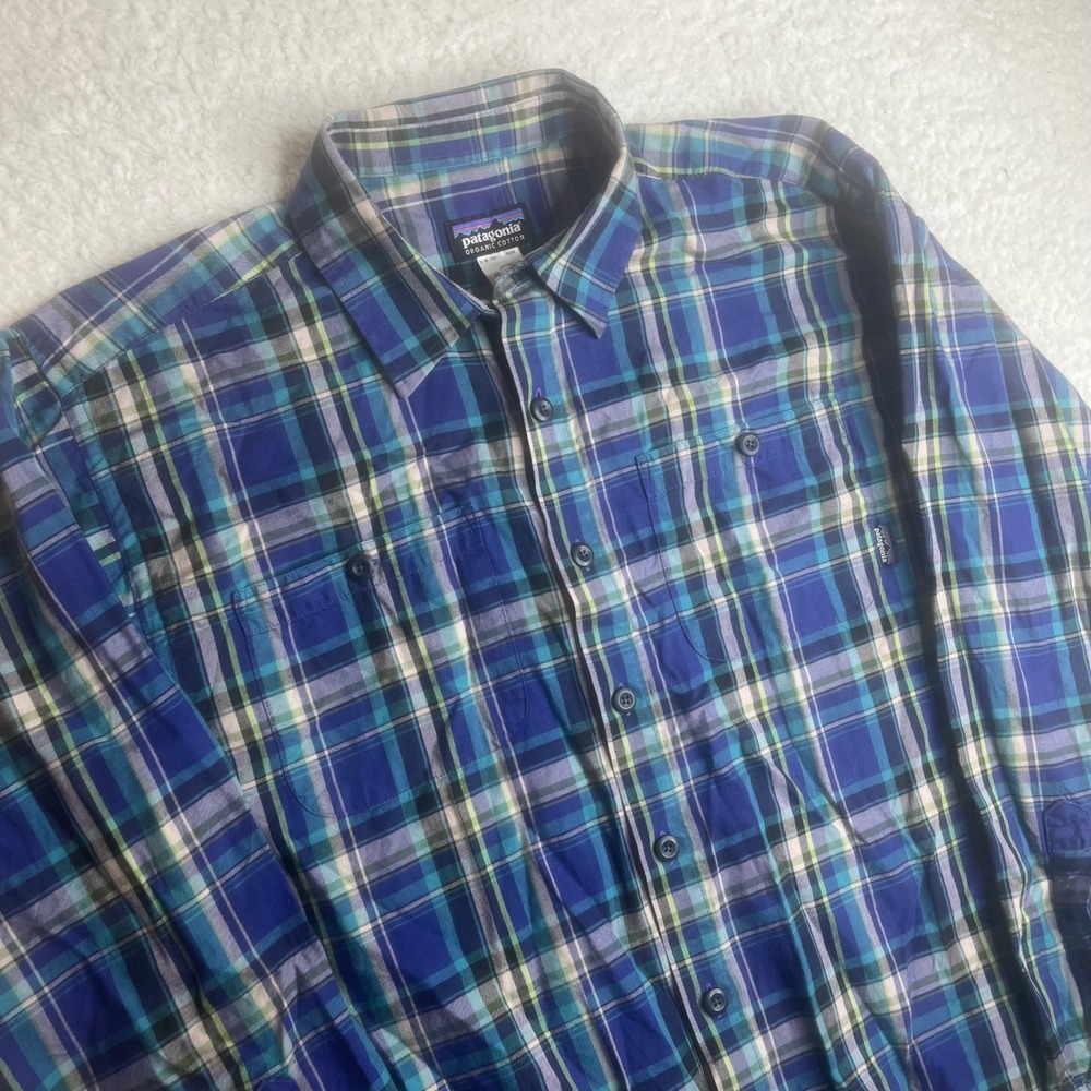 Patagonia Mens Organic Cotton Plaid Button Down Shirt Blue Green 53836 Size S